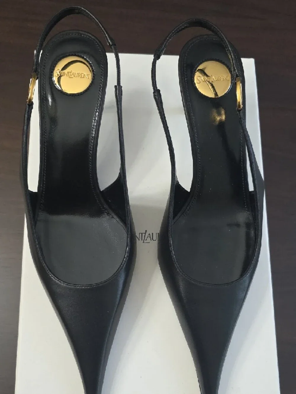 Saint Laurent Black Leather Pointed Slingback Pumps with Gold Accents - Picture 5 of 16